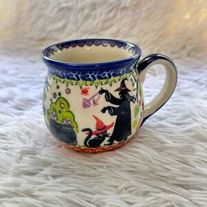 Polish Pottery 8 oz Bubble Mug Witch Cat and Pumpkins — RARE - NEW